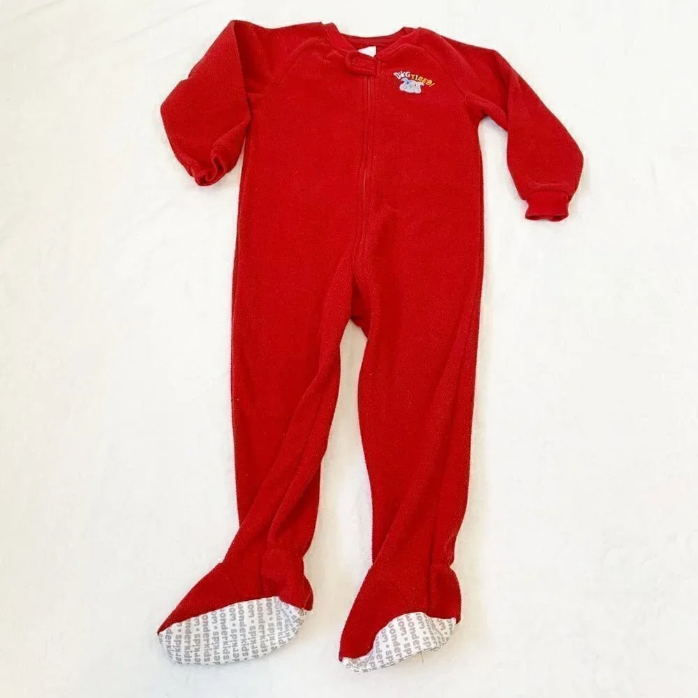 5/$25 Wonderkids Footed Pajamas Kids 4T‎ Red Dog Tired Fleece One Piece Sleeper